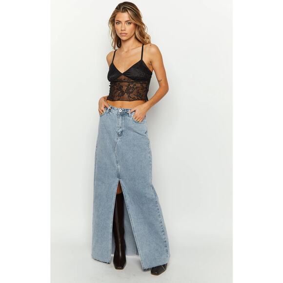 #27b NWT- Cotton:On Front Split Cowboy Denim Maxi Skirt Light Wash Sz:6 - Picture 2 of 6